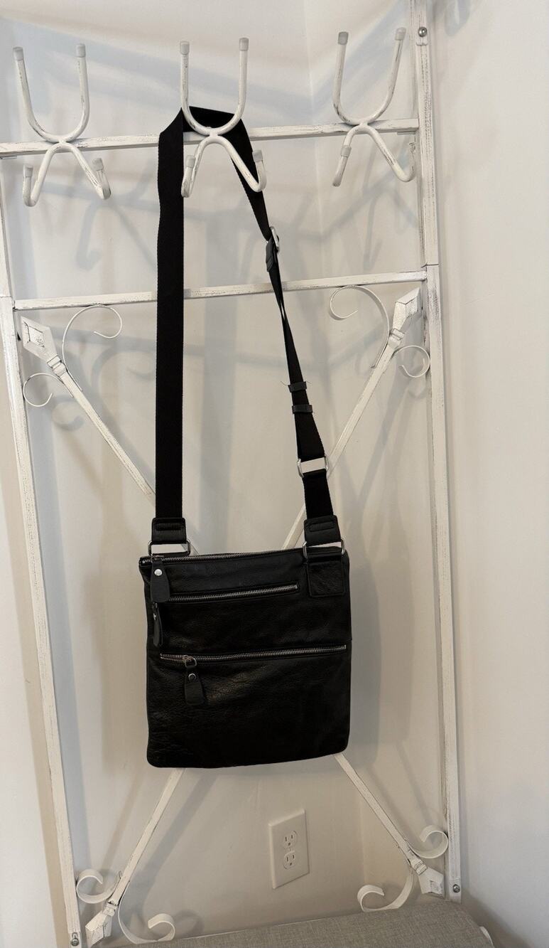 Margot New York Triple Zipper Messenger Purse Crossbody Bag Black Leather